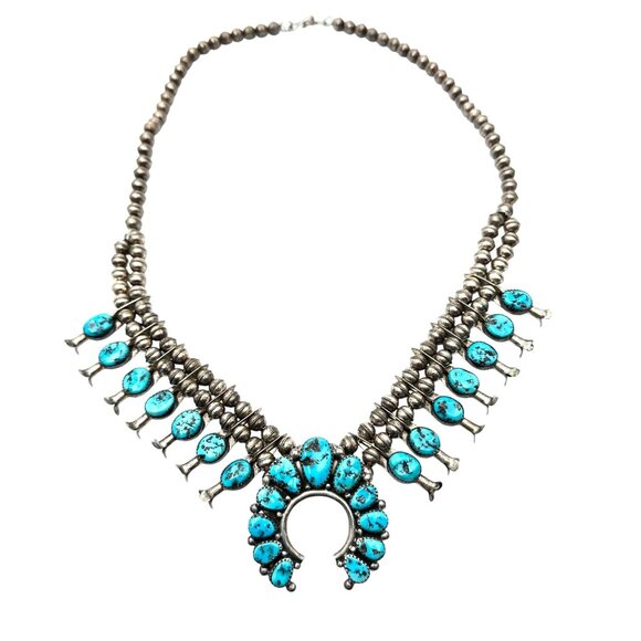 Native American Cynthia Begay Sterling Turquoise Squash Blossom Necklace 68 Gram - Picture 1 of 9